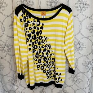 Women's Ruby Rd Yellow White‎ Striped Black Leopard Print 3/4 Sleeve Sweater 2X